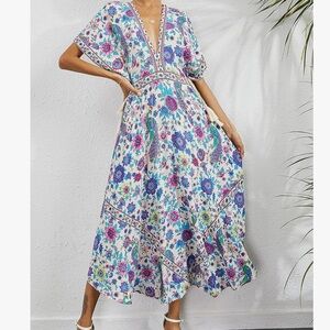 R.Vivimos Women Summer Print Deep V Neck Cotton Beach
Long Dresses